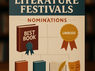 An infographic detailing the nomination and category structures in Eurasian literature festivals, featuring books,