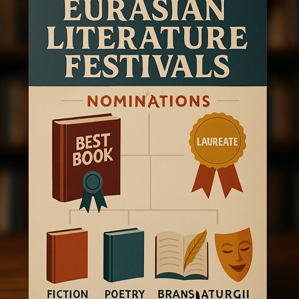 An infographic detailing the nomination and category structures in Eurasian literature festivals, featuring books,